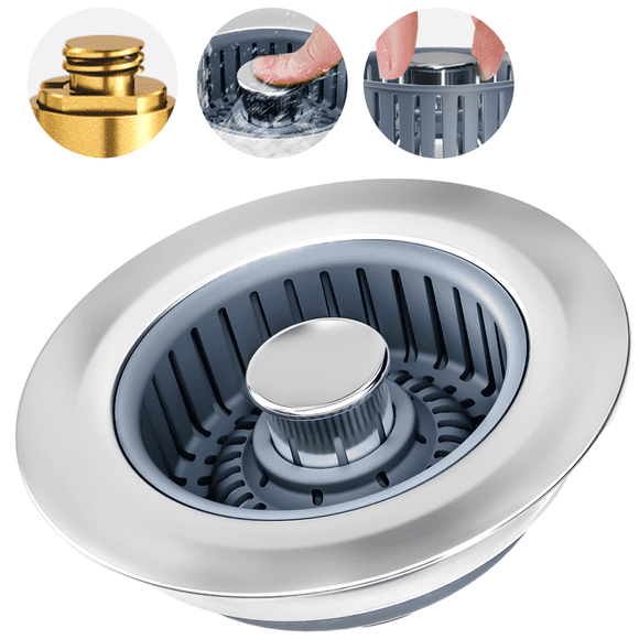 Upgraded 3in1 Kitchen Sink Drain Strainer & Sink Stopper, Stainless Steel Kitchen Drain Plug , Cover with Anti-Clogging Basket Strainer, Fit US Standard 3-1/2'' Sink Drain Hole, Silver