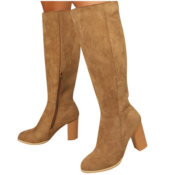 prrcolt Knee-High Boots for Women Fall Boot Chunky Block High Heel Booties Pointed Casual Faux Suede High Boots with Side Zipper