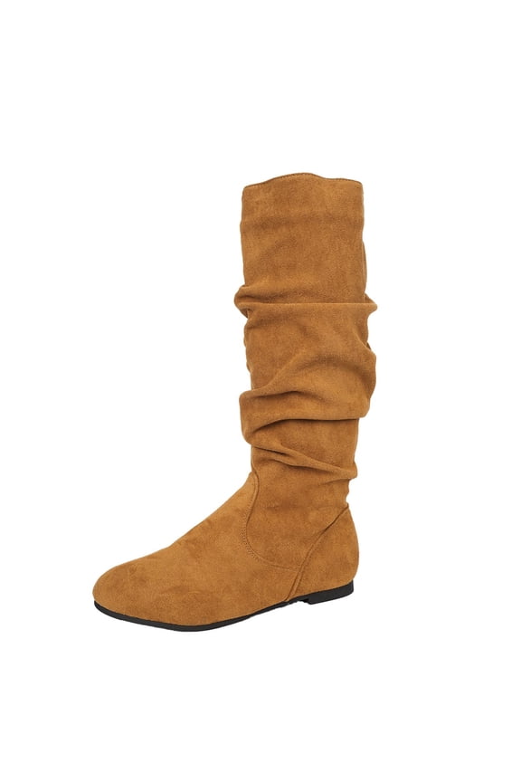 prrcolt Knee High Boots for Women Faux Suede Heel Pointed Toe Tall Booties Ruched Slouch Block Long Boots