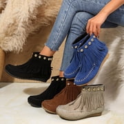 Purcolt Womens Ankle Booties Western Fringe Cowgirl Slip On PU Booties Round Toe Casual Short Booties with Side Zipper