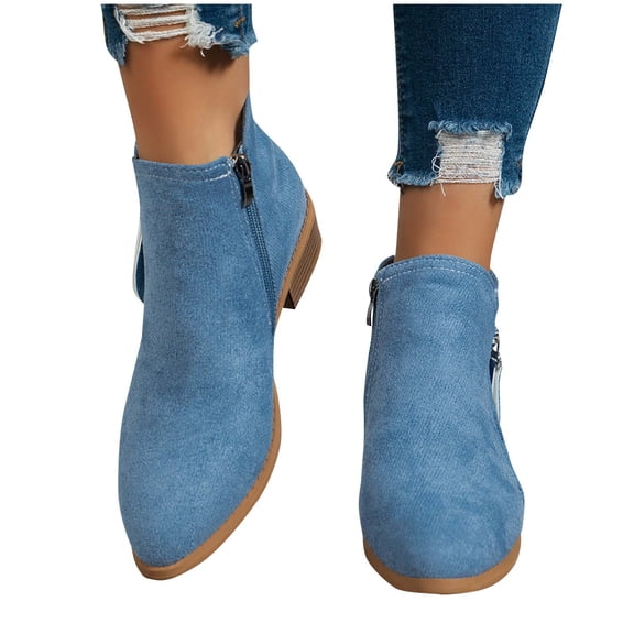 purcolt Women's Ankle Boots Flock Pointed Toe Ankle Boots Low Chunky Boots Casual Shoes with Side Zipper