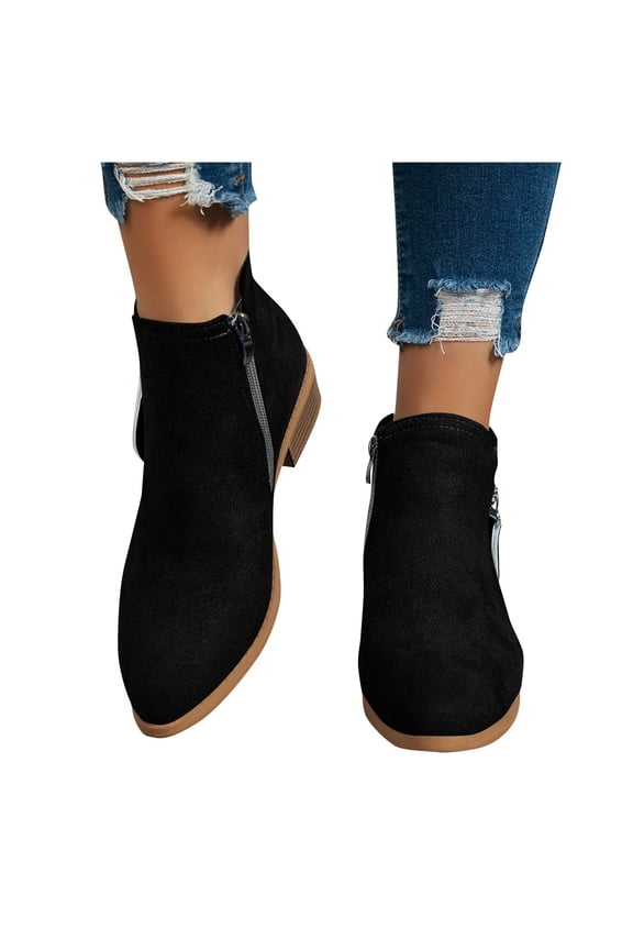 Women's Ankle Boots Flock Pointed Toe Ankle Boots Low Chunky Boots Casual Shoes with Side Zipper