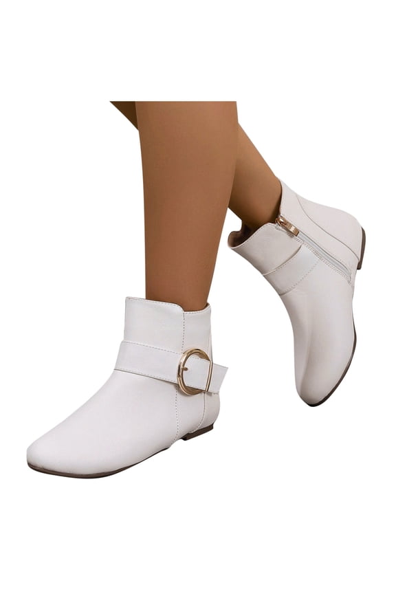 Women's Ankle Boots Low Heel Zipper Buckle PU Round Toe Booties Daily Dress Short Boot