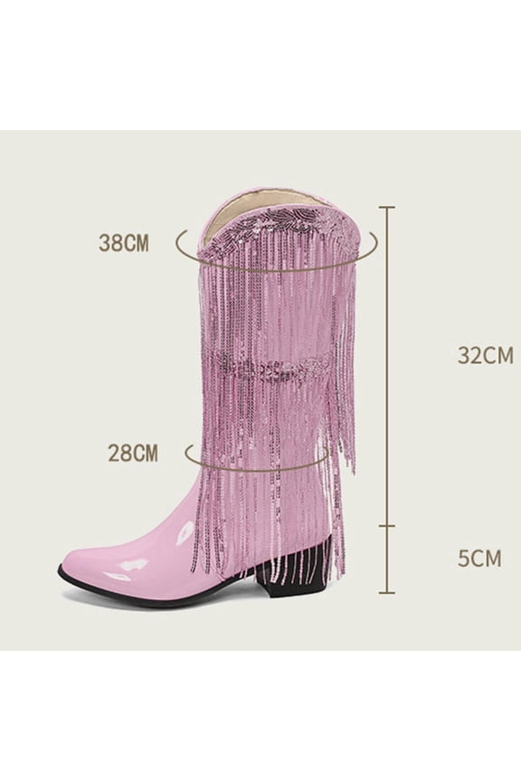 prrcolt Women's Cowboy Boots Chunky Low Heel Pointed Toe Knee High Wide Calf Western Sparkly Fringe Cowgirl Boots Pull On Booties