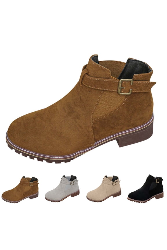 prrcolt Women's Flock Ankle Boots Buckle Strap Elastic Side Slip-On Low Heel Casual Pointed Toe Daliy Booties
