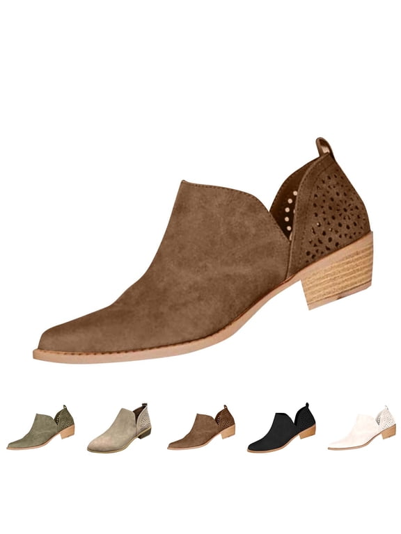 Women's Faux Suede Ankle Boots Low Chunky Heel Pointed Toe Short Booties Western Cutout Perforated Booties