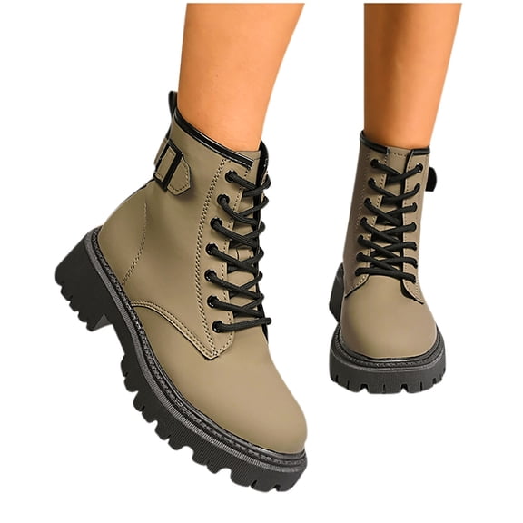 prrcolt Women's Lace Up Ankle Boots Flock Chunky Heels Platform Round Toe Booties Water-resistant Slip Resistant Shoes with Side Zip