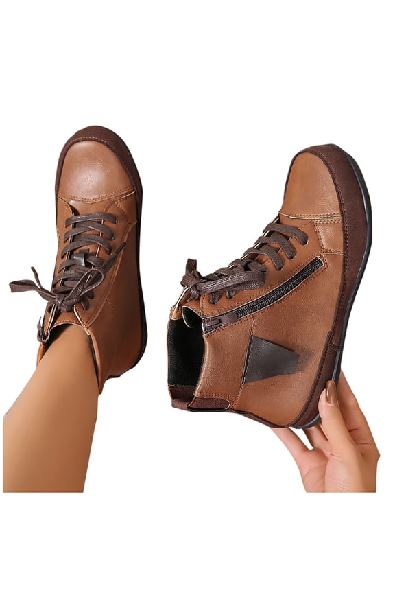 prrcolt Women's PU Flat Ankle Boots Retro Lace-up Slip On Comfortable Anti-slip Short Booties Soft Bottom Low Heel Booties