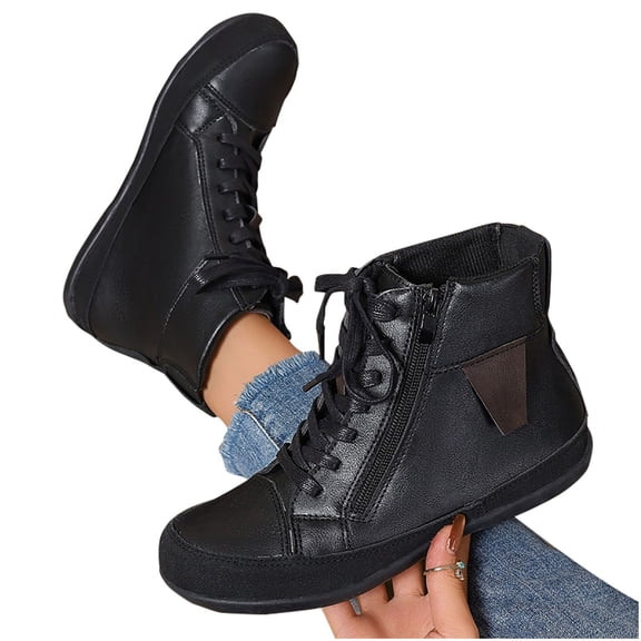 prrcolt Women's PU Flat Ankle Boots Retro Lace-up Slip On Comfortable Anti-slip Short Booties Soft Bottom Low Heel Booties