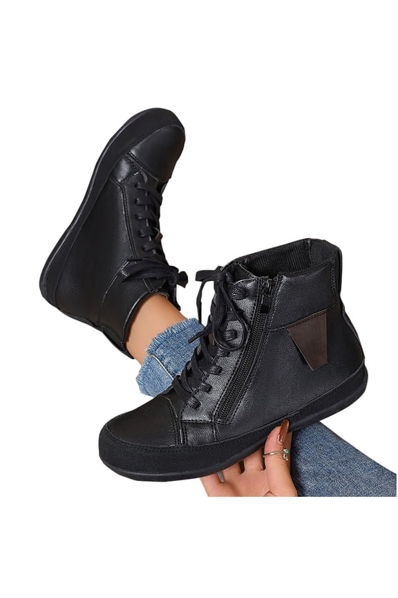 prrcolt Women's PU Flat Ankle Boots Retro Lace-up Slip On Comfortable Anti-slip Short Booties Soft Bottom Low Heel Booties