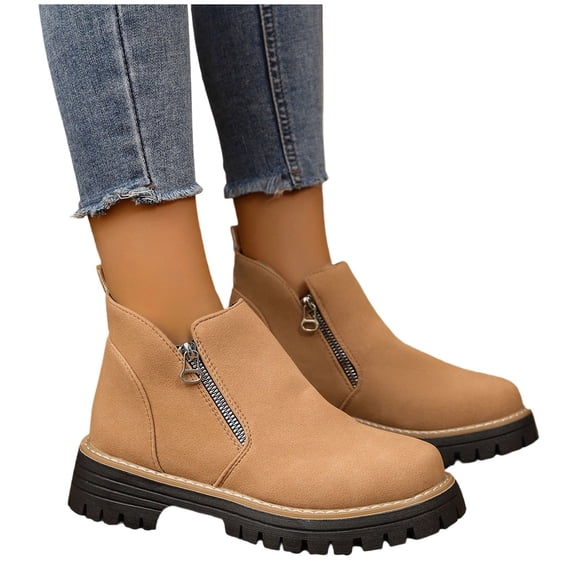 prrcolt Womens Chunky Platform Ankle Boots Pointed Toe Low Block Heel with Side Zipper Short Booties