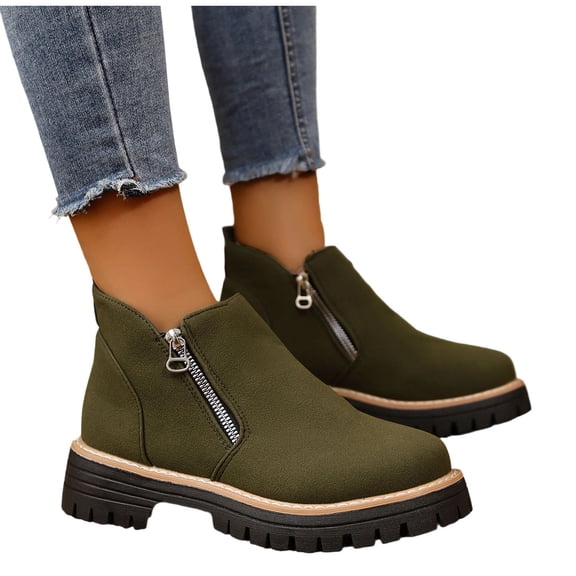 prrcolt Womens Chunky Platform Ankle Boots Pointed Toe Low Block Heel with Side Zipper Short Booties