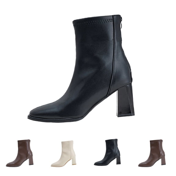 prrcolt Womens Elegant Boots Fitted Stretch Ankle Heel Boot Chunky Heel Pointed Toe Booties with Side Zipper
