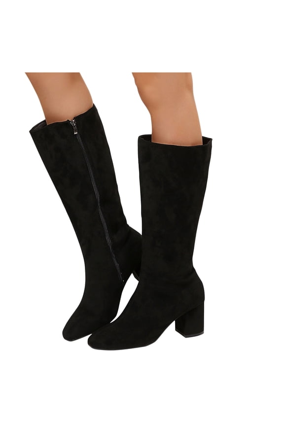 prrcolt Womens Knee High Boots Faux Suede Mid Spool Chunky Low Heel Pointed Toe Stretch Boots with Side Zipper