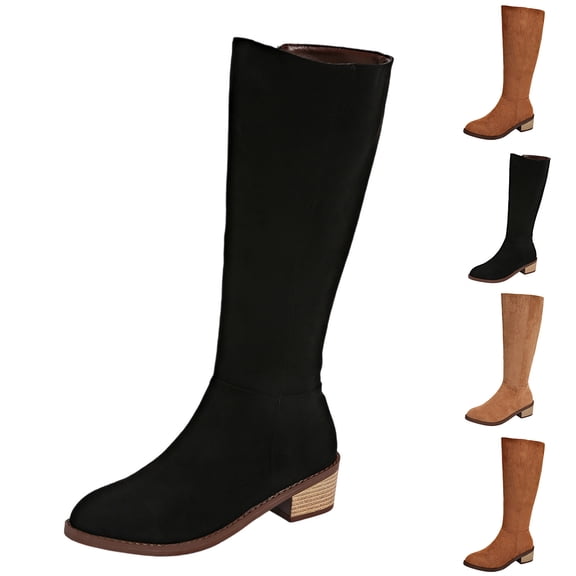 prrcolt Womens Knee High Boots Faux Suede Pointed Toe Chunky Block Heel Stretch Boots with Side Zipper