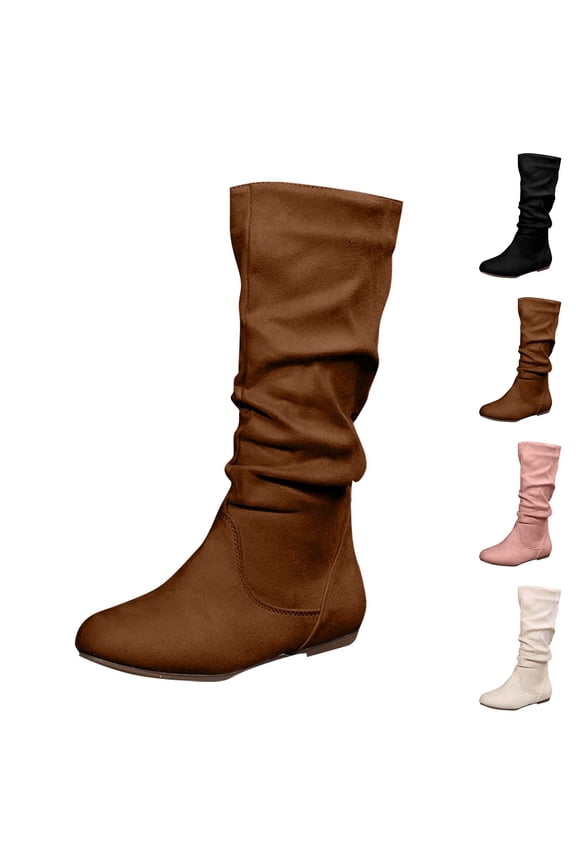 Womens Knee High Boots Faux Suede Ruched Knee High Boots Pointed Toe Low Heel Slouch Block Long Boots with Zip
