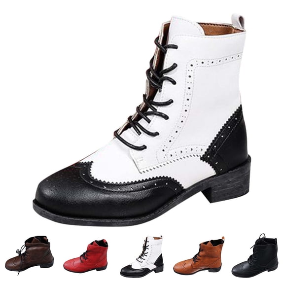 prrcolt Womens Lace Up Ankle Boots Pointed Toe Chunky Heeled Vintage Brogue Two Tone Saddle Boots