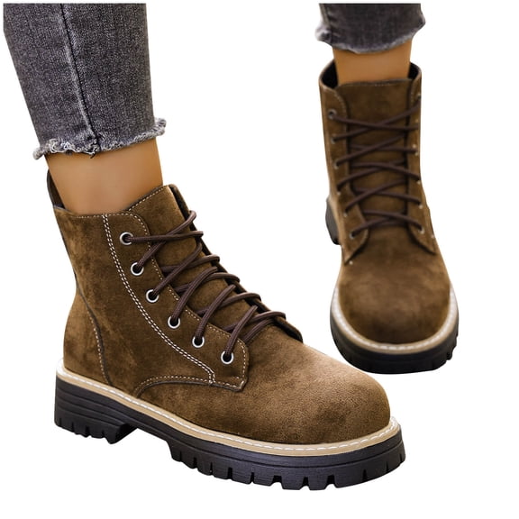 prrcolt Womens Slip-on Boots Round Toe Platform Chunky Heel Ankle Boots Lace Up Short Booties