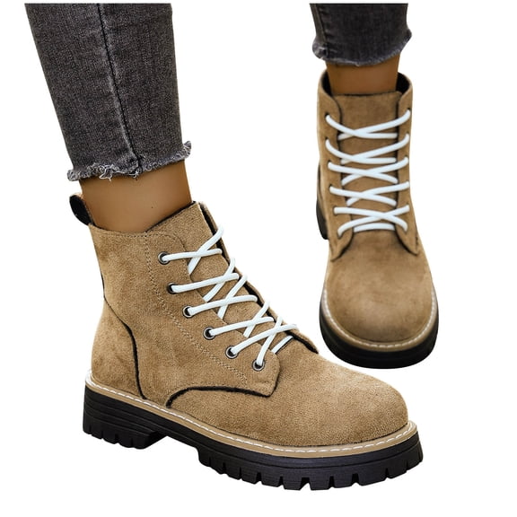 prrcolt Womens Slip-on Boots Round Toe Platform Chunky Heel Ankle Boots Lace Up Short Booties