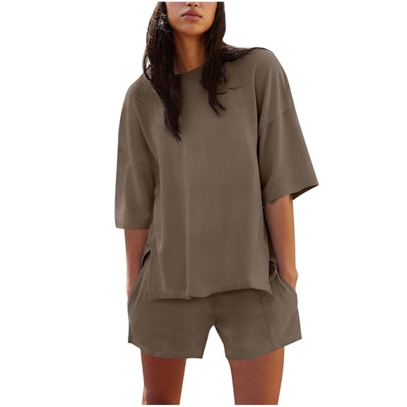 pstuiky 2 Piece Sets for Women Summer Solid Color Comfortable Pajama Sets Casual Loose Fit Crew Neck 3/4 Sleeve Sleepwear with Shorts Brown S