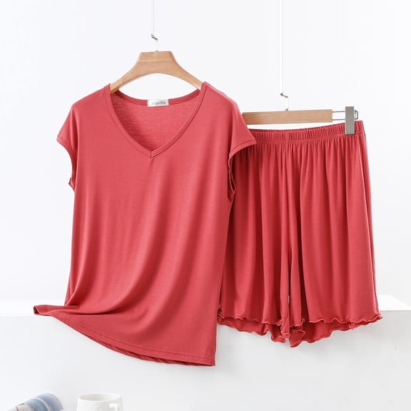 pstuiky 2 Piece Sets for Women Summer Solid Color Comfortable Pajamas Sets Leisure Loose Fit V-Neck Short Sleeve Sleepwear with Shorts Watermelon Red L