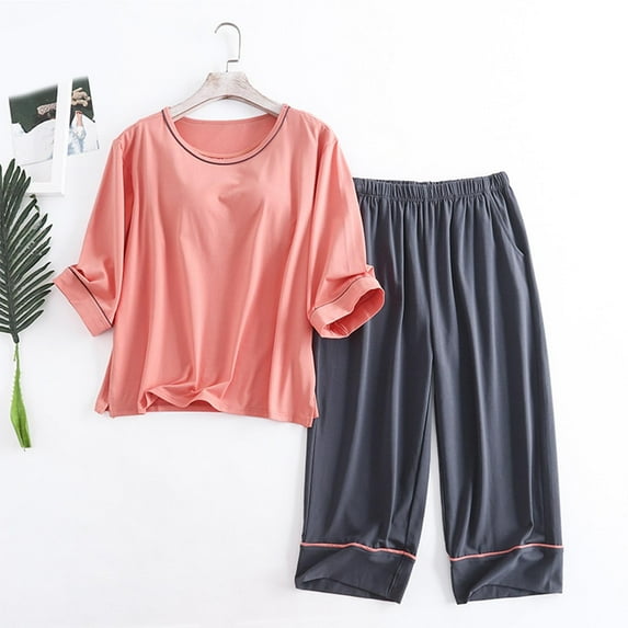 pstuiky 2 Piece Sets for Women Summer Summer Solid Color Breathable Pajama Sets with Pants Casual Loose Fit Crew Neck Short Sleeve Sleepwear Orange 2XL