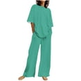 thumbnail image 1 of pstuiky 2 Piece Sets for Women Summer, Women's Summer Solid Color Fit Casual Short Sleeved Top with Pants and Round Neck Post Partum Set Lounge Sets Linen Set for Women, 1 of 4