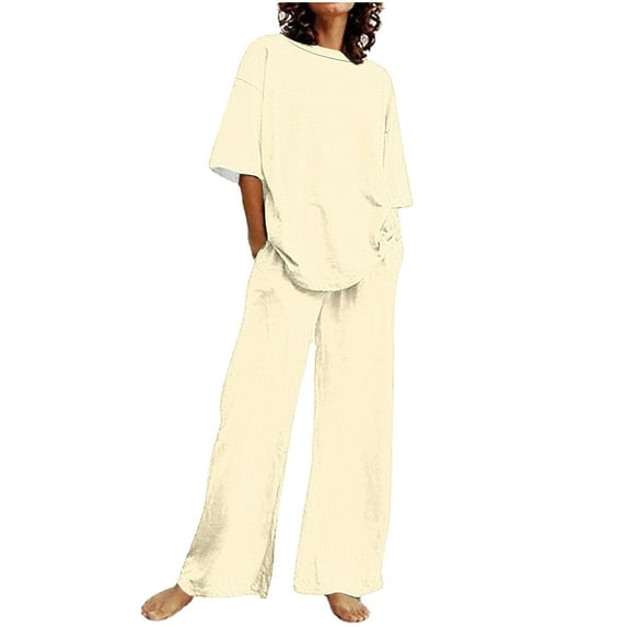 pstuiky 2 Piece Sets for Women Summer, Women's Summer Solid Color Fit Casual Short Sleeved Top with Pants and Round Neck Post Partum Set Lounge Sets Linen Set for Women