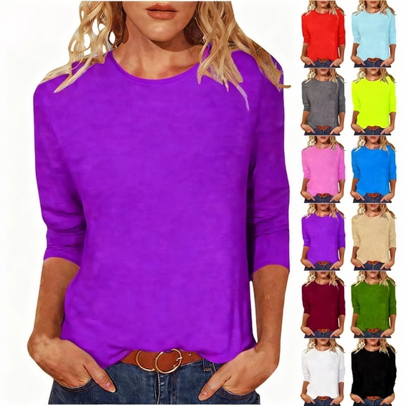 pstuiky 3/4 Sleeve Shirts for Women Solid Color Crew Neck Plus Size Tops Basic Tees Pullover Shirts Womens Tops Dressy Casual Going out Tops