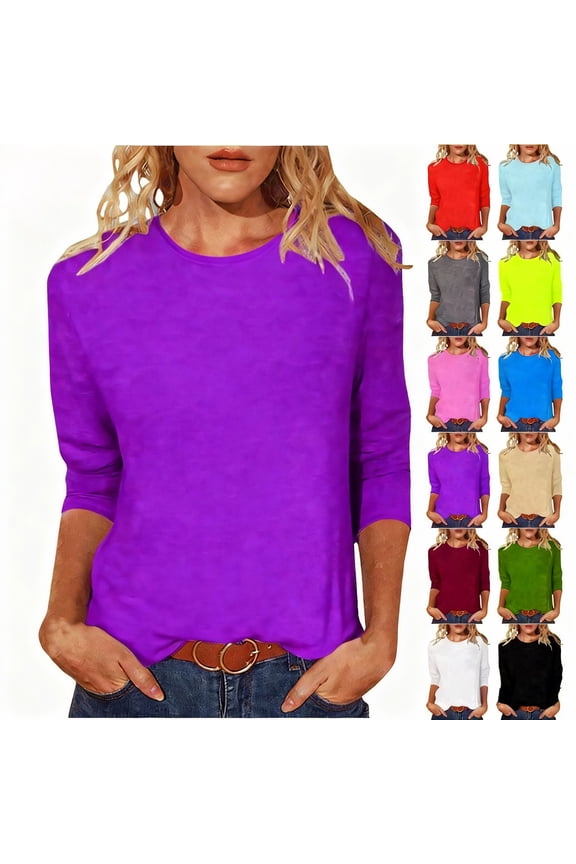 3/4 Sleeve Shirts for Women Solid Color Crew Neck Plus Size Tops Basic Tees Pullover Shirts Womens Tops Dressy Casual Going out Tops