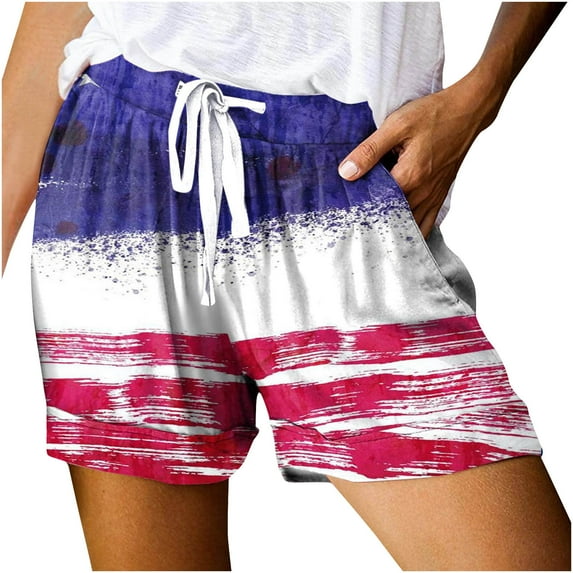 pstuiky American Flag Shorts for Women, Women Independence Day Shorts Printed Multi-pocket Lace-Up Shorts Tropical Board Shorts Leisure Pants White M