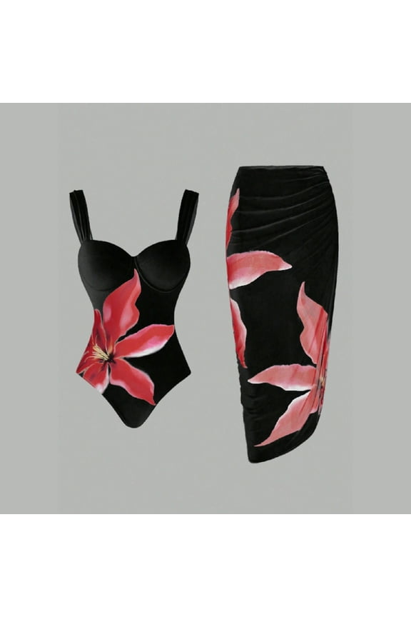 Bikinis for Women One Piece, Women Flower Print Bikini Swimsuit Two Piece High Waist Tight Fit Sporty Beachwear for Women Stylish Comfortable Summer Swimwear Black M