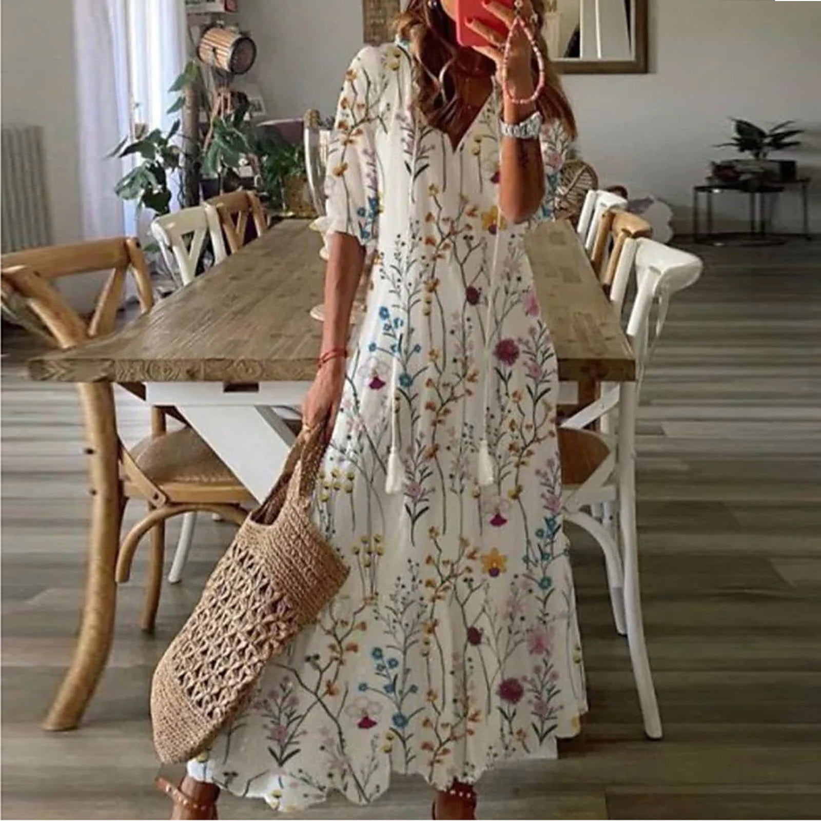 pstuiky Bohemian Dress for Women, Women's V-Neck Three-Quarter Four ...