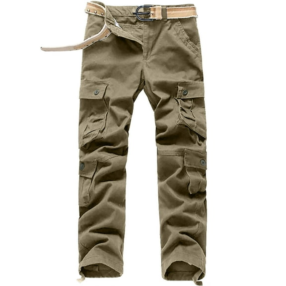 pstuiky Cargo Pants For Men, Solid Color Straight Type Workwear Active Fit Multiple Pockets Work Pants For Men Summer Saving Khaki XL