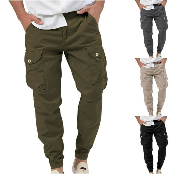 pstuiky Cargo Pants, Solid Color Straight Type Workwear Loose Multiple Pockets Mens Pants Army Green L