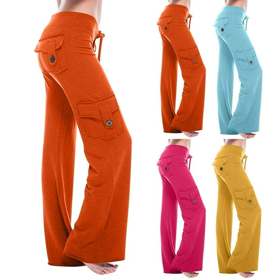 pstuiky Cargo Pants Women Cargo Pants Wide Leg Baggy Relaxed Jogger Pants High Rise Yoga Leggings Plus Size Drawstring Straight Leg Pants with Pockets Leisure Orange S