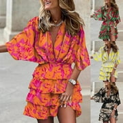 pstuiky Casual Dresses for Women, Printed Casual Dresses Homecoming Dresses Irregular Hem Ruffle Midi Dress Dressy Half Sleeve V-Neck Wedding Dresses for Women Holiday Gifts Black L