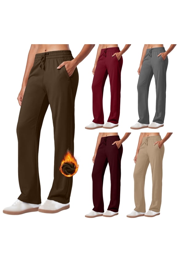 Casual Pants for Women, Solid Color Athletic Long Straight Leg Drawstring High Waisted Trousers with Pockets Active Fit Women's Pants Brown L