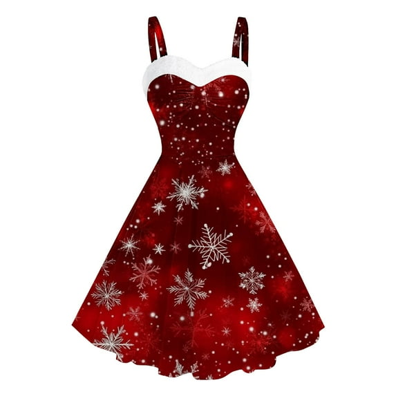 pstuiky Christmas Dresses Women Vintage Dress for Women Snowflake Print Plus Size Dresses Swing A-Line Dress Knee-Length Dress Sleeveless Midi Cocktail Dresses