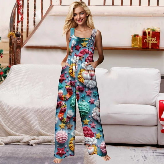 pstuiky Christmas Jumpsuit for Women, Women Christmas Overalls Print Loose Adjustable Overalls Wide Leg Belt Pocket Overallschristmas Jumpsuit for Women