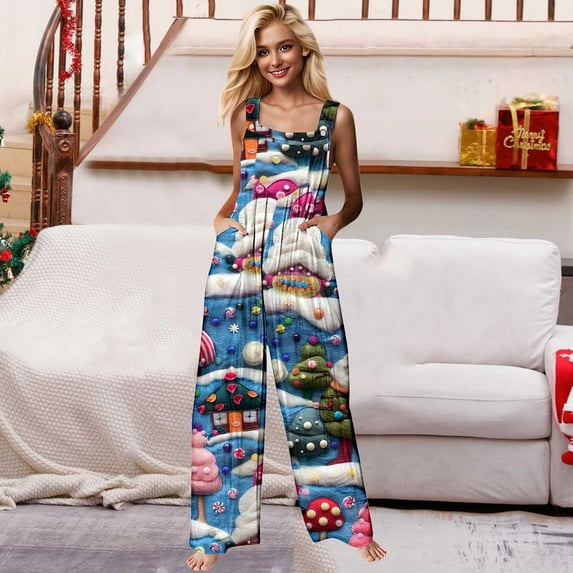 pstuiky Christmas Outfits for Women, Women Christmas Overalls Print Loose Adjustable Overalls Wide Leg Belt Pocket Overallschristmas Jumpsuit for Women