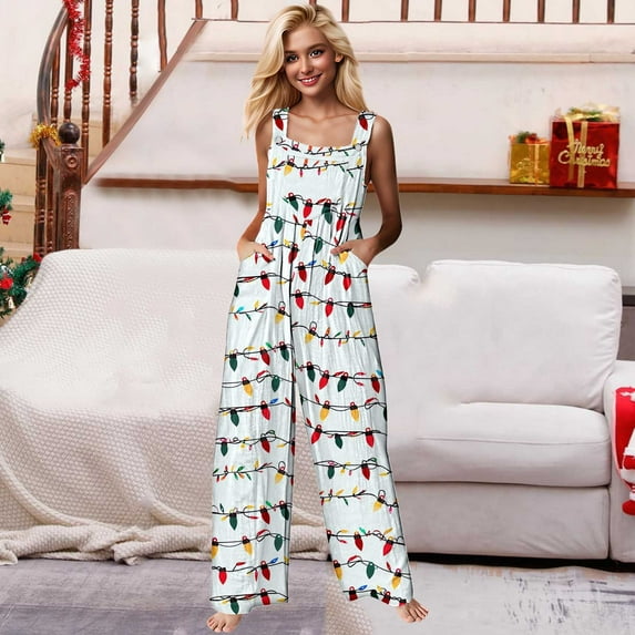 pstuiky Christmas Outfits for Women, Women Christmas Overalls Print Loose Adjustable Overalls Wide Leg Belt Pocket Overallschristmas Jumpsuit for Women