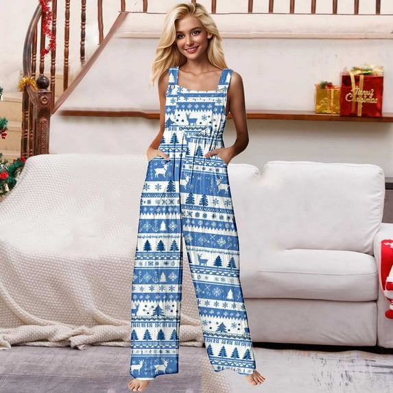 pstuiky Christmas Outfits for Women, Women Christmas Overalls Print Loose Adjustable Overalls Wide Leg Belt Pocket Overallschristmas Jumpsuit for Women