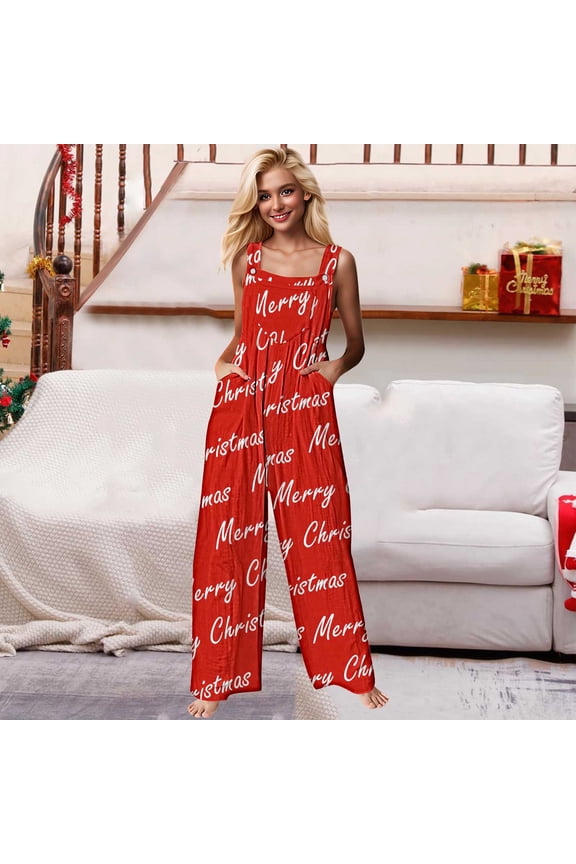 Christmas Outfits for Women, Women Christmas Overalls Print Loose Adjustable Overalls Wide Leg Belt Pocket Overallschristmas Jumpsuit for Women