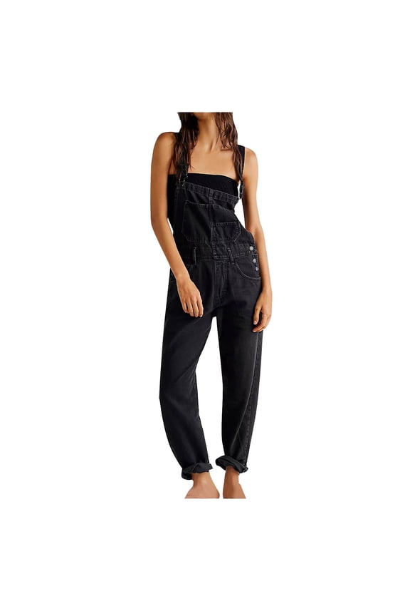 Denim Jumpsuit for Women Solid Color Long Loose Fit Denim Jumpsuit One Piece Rompers for Women Casual Stretch Denim Overalls Jeans Pants with Pockets