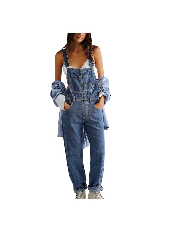 Denim Jumpsuit for Women Solid Color Long Loose Fit Denim Jumpsuit One Piece Rompers for Women Casual Stretch Denim Overalls Jeans Pants with Pockets