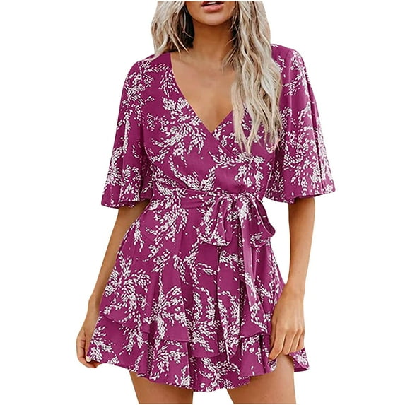 pstuiky Dresses for Women, Flower Print T Shirt Dresses for Women Ruffles Midi Dress Trendy Short Sleeve V-Neck Work Dresses for Women Up to 65% Off Hot Pink XXL