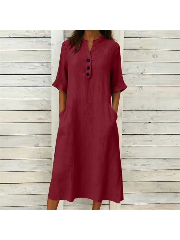 Women's Cotton Linen Summer Dress V-Neck 1/2 Sleeve Button Stand Collar Midi Dress with Pockets, Lightweight Flowy Beach Sundress