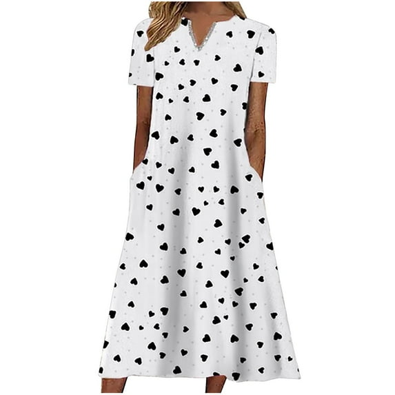 pstuiky Dresses for Women, Plus Size Dresses Short Sleeved V-Neck Ankle-Length Dress Mid-Calf Dress with Pocket Summer Dresses for Women White s