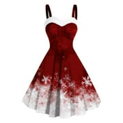 PSTUIKY Dresses for Women Sparkly Christmas Dress Vintage Crewneck Snowflake Print off Shoulder Party Dress Midi Dress Knee Length Dress Gifts for Women